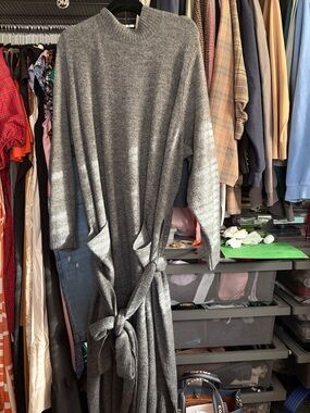 Lane Bryant Charcoal Gray Ribbed Knit Midi Dress with Tie Waist